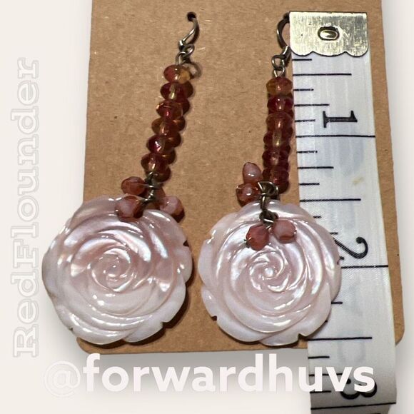 Exquisite Silvertone Dangle Earrings | Carved Rose Mother of Pearl | Flower Them - Picture 7 of 8